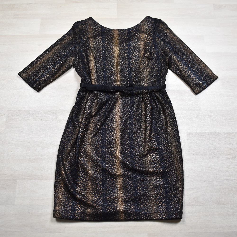 90s Alex Evenings Midi Cocktail Dress Black Gold 3/4 Sleeve Belt Size 14 VTG